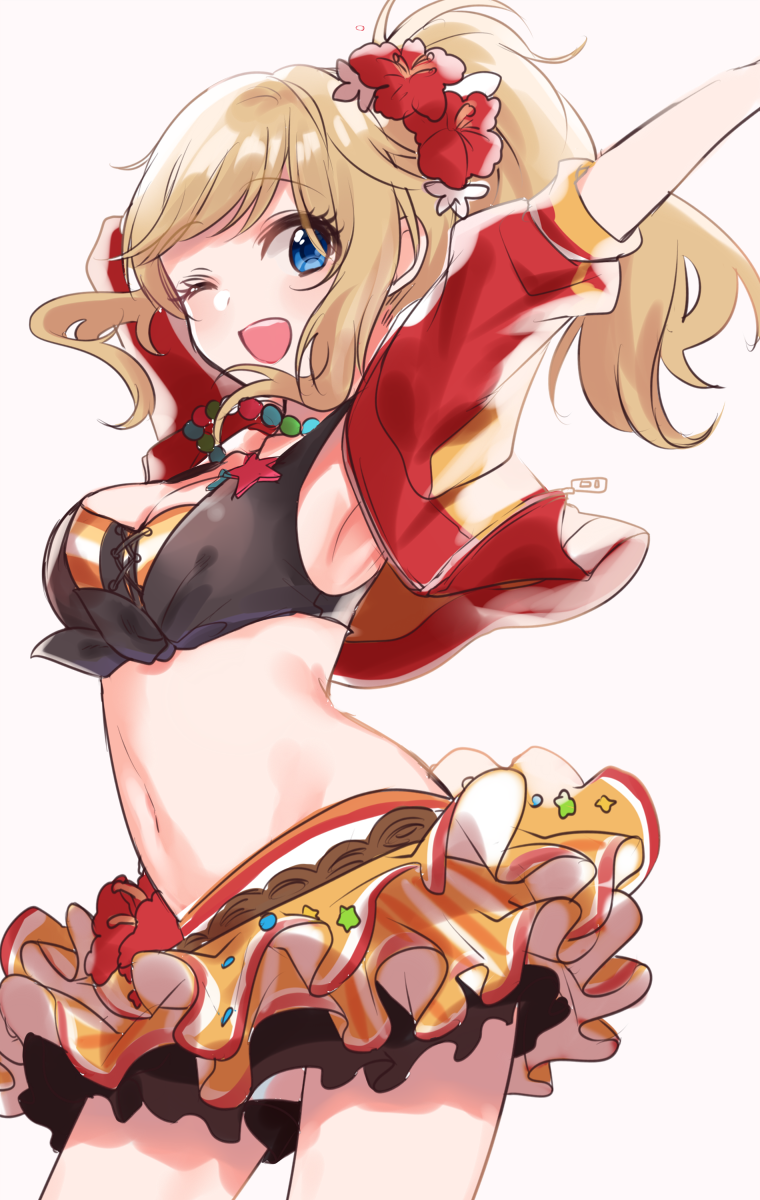 1girl ;d arched_back arms_up bangs blonde_hair blue_eyes blush breasts cleavage cropped_jacket eyebrows_visible_through_hair flower hair_flower hair_ornament hibiscus highres idolmaster idolmaster_cinderella_girls jacket legs_apart long_hair looking_at_viewer medium_breasts midriff miniskirt navel one_eye_closed ootsuki_yui open_clothes open_jacket open_mouth side_ponytail sidelocks simple_background sinsihukunokonaka skirt smile solo swept_bangs teeth wavy_hair white_background yellow_skirt