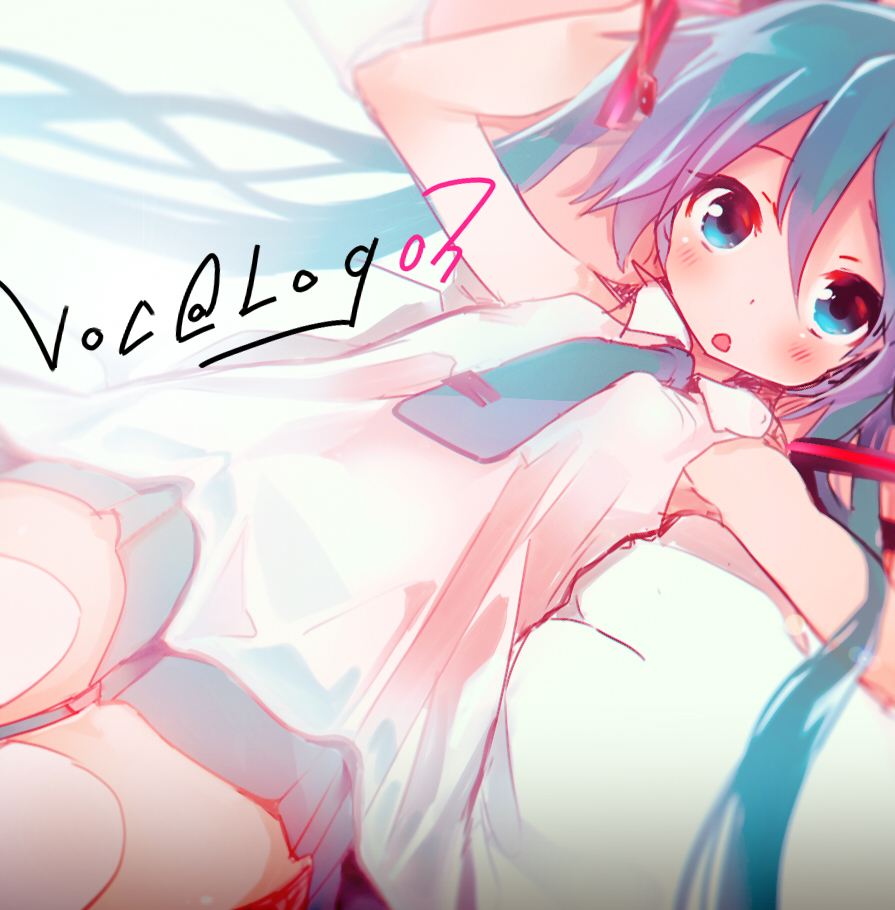 1girl aqua_eyes aqua_hair aqua_neckwear aqua_skirt bangs bed_sheet blush breasts collar commentary_request hair_between_eyes hair_ornament hatsune_miku hiyo_kotori long_hair looking_at_viewer lying name_tag on_back open_mouth shirt sleeveless small_breasts solo thigh-highs twintails very_long_hair vocaloid white_background white_legwear white_shirt zettai_ryouiki