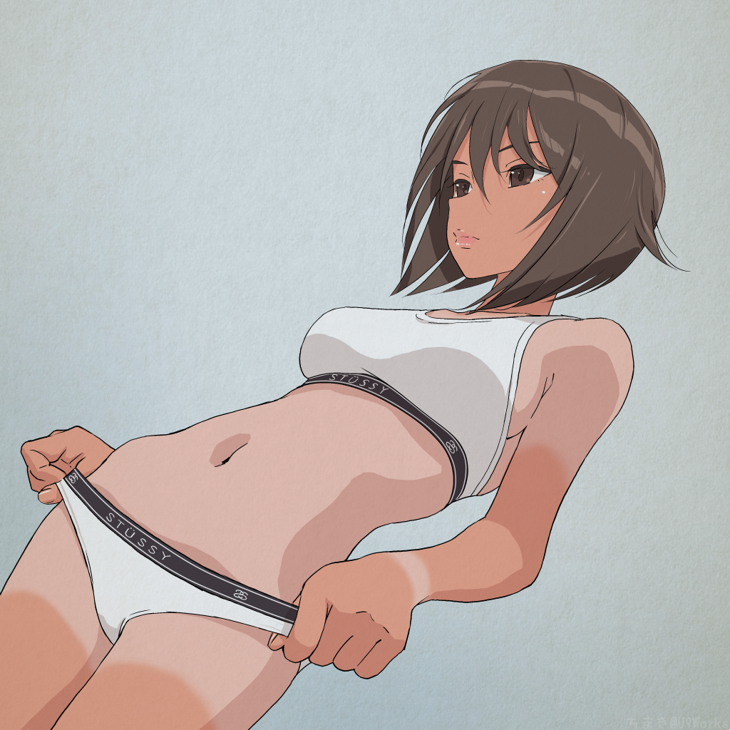 1girl bra breasts brown_eyes brown_hair chimaki_(u9works) closed_mouth cowboy_shot dutch_angle girls_und_panzer hair_between_eyes lips looking_away medium_breasts navel nishizumi_maho panties short_hair simple_background solo sports_bra tan tan_skin tanline texture underwear white_bra white_panties