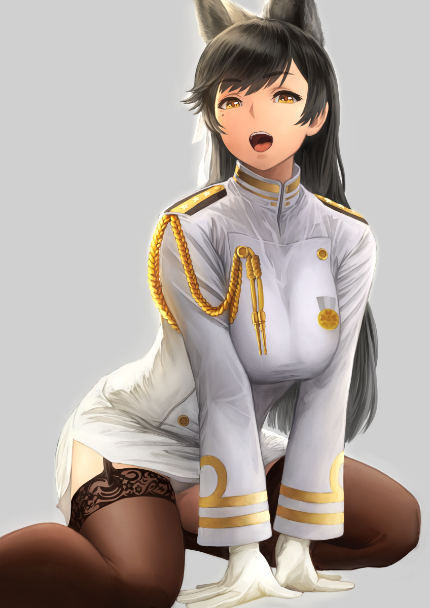 1girl :d aiguillette animal_ears atago_(azur_lane) azur_lane badge bangs black_hair blush breast_squeeze breasts brown_legwear eyebrows_visible_through_hair garter_straps gloves grey_background highres large_breasts leaning_forward long_hair long_sleeves military military_uniform miniskirt open_mouth panties pantyshot pantyshot_(sitting) sitting skirt smile solo straight_hair swept_bangs tareme thigh-highs underwear uniform upskirt very_long_hair white_gloves white_skirt yamaneko_(tkdrumsco) yellow_eyes