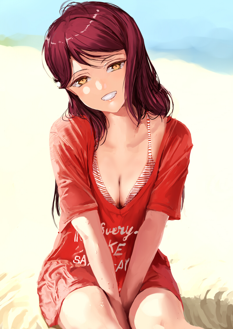 1girl :d aida_rikako ascii_media_works bangs bare_shoulders beach between_legs bikini bikini_top bikini_under_clothes blush breasts bushiroad cleavage clothes_writing collarbone day grin half-closed_eyes hand_between_legs head_tilt long_hair looking_at_viewer love_live! love_live!_sunshine!! medium_breasts no_pants open_mouth outdoors own_hands_together real_life red_shirt redhead sakurauchi_riko sand seiyuu_connection shirt short_sleeves sitting smile solo striped striped_bikini sunrise_(studio) swept_bangs swimsuit teeth v_arms yellow_eyes