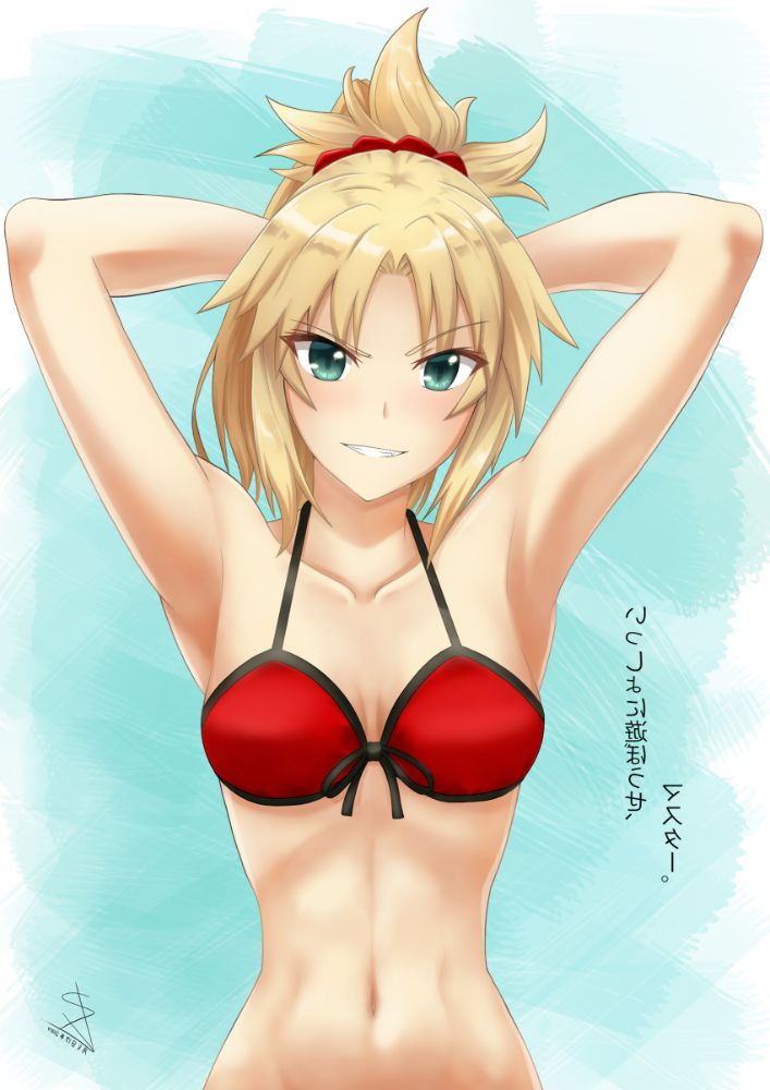 1girl 2017 absurdres armpits arms_behind_head blonde_hair blush breasts cleavage cowboy_shot dated fate/apocrypha fate/grand_order fate_(series) green_eyes grin groin highres long_hair looking_at_map medium_breasts mordred_(swimsuit_rider)_(fate) navel ponytail red_scrunchie rj_xiii saber_of_red smile solo translation_request