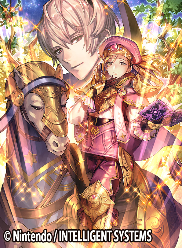 2boys beret blonde_hair book boots brynhildr_(tome) cape copyright_name drill_hair father_and_son fire_emblem fire_emblem_cipher fire_emblem_if foleo_(fire_emblem_if) furikawa_arika gloves hairband hat horse leaf leon_(fire_emblem_if) long_hair multiple_boys official_art sparkle star_(sky) trap tree