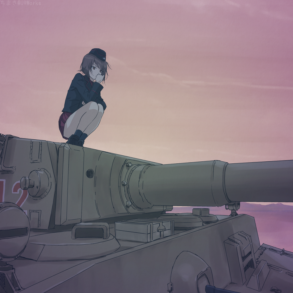 1girl chimaki_(u9works) garrison_cap girls_und_panzer ground_vehicle hand_to_own_mouth hat kuromorimine_military_uniform military military_vehicle motor_vehicle nishizumi_maho red_skirt sketch skirt solo squatting sunset tank thighs tiger_i turret