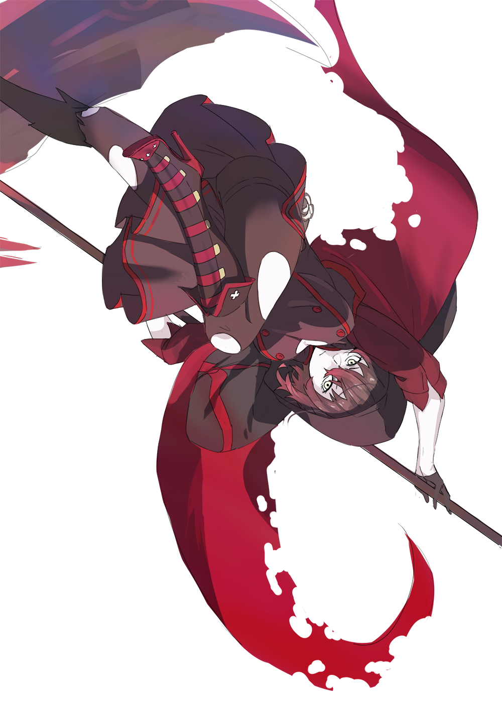 1girl alternate_costume alternate_eye_color cape crescent_rose evil evil_eyes highres redhead ruby_rose rwby scythe solo takenisketch thigh-highs torn_cape torn_clothes torn_thighhighs upside-down upskirt what_if yellow_eyes