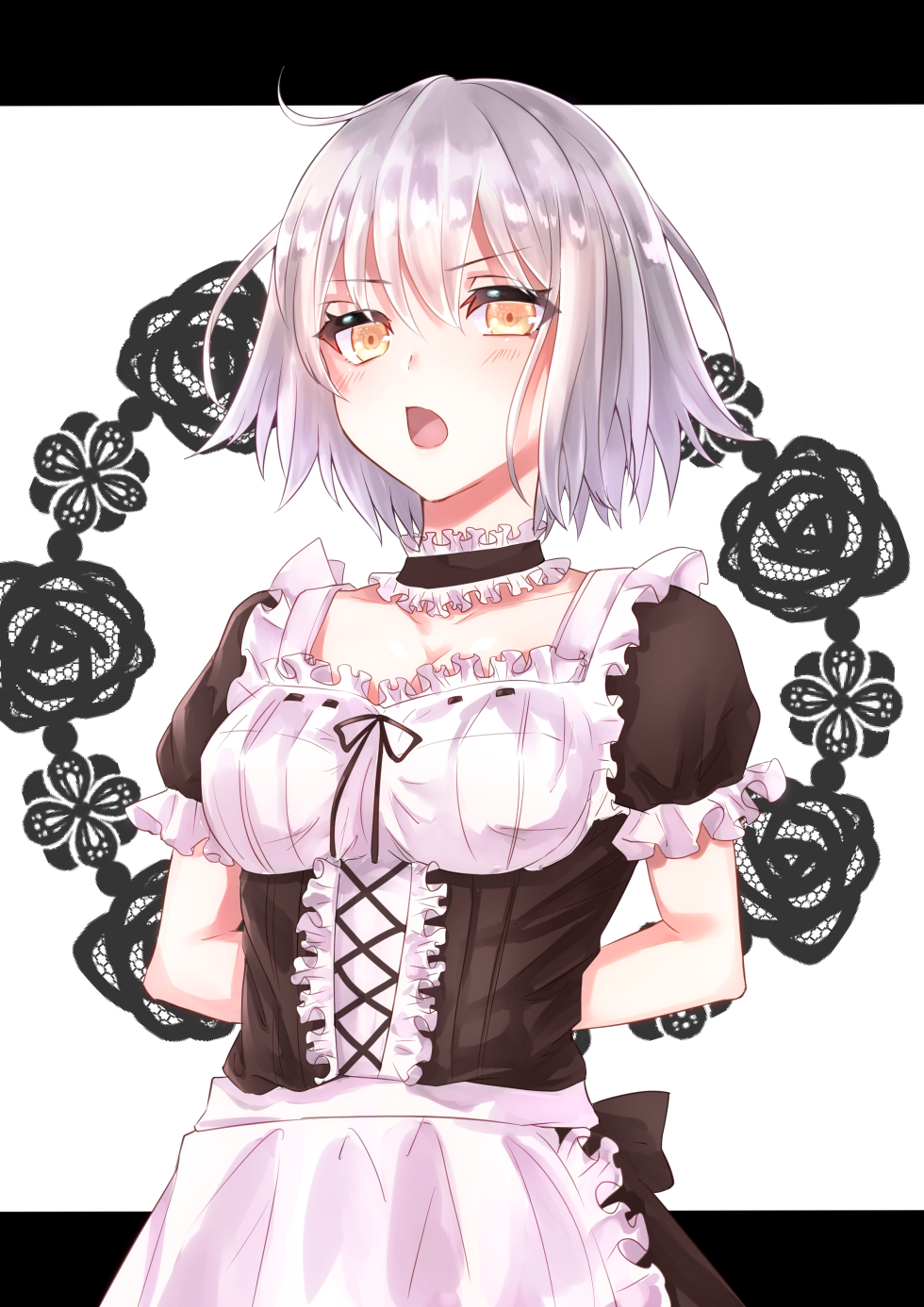 1girl blush breasts cleavage collarbone eyebrows_visible_through_hair fate/grand_order fate_(series) highres jeanne_d'arc_(alter)_(fate) jeanne_d'arc_(fate)_(all) large_breasts looking_at_viewer maid open_mouth puffy_short_sleeves puffy_sleeves rossa_(pixiv27548922) short_hair short_sleeves solo white_hair yellow_eyes