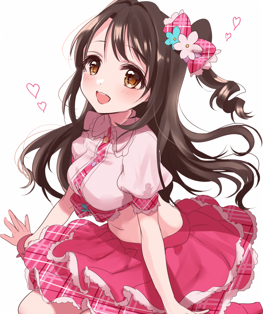 1girl :d bangs blush bow breasts brown_eyes crop_top eyebrows_visible_through_hair hair_bow heart idolmaster idolmaster_cinderella_girls long_hair looking_at_viewer medium_breasts one_side_up open_mouth pink_bow pink_shirt pink_skirt plaid plaid_bow puffy_short_sleeves puffy_sleeves ringlets shimamura_uzuki shirt short_sleeves simple_background sinsihukunokonaka skirt smile solo tareme wavy_hair white_background