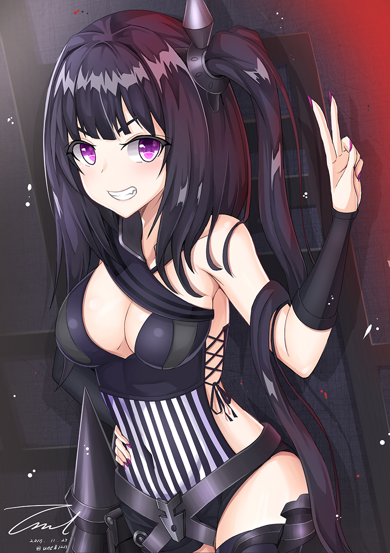 1girl architect_(girls_frontline) belt black_hair breasts cleavage cowboy_shot dated girls_frontline grin long_hair looking_at_viewer nail_polish side_ponytail signature smile solo unel1211 v very_long_hair violet_eyes