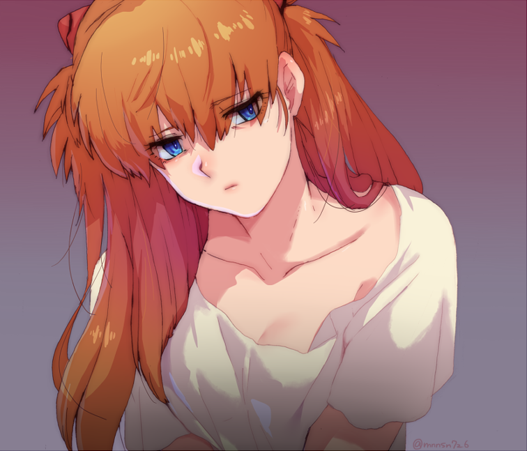 1girl blue_eyes breasts cleavage collarbone eyelashes gradient gradient_background head_tilt katsuoboshi long_hair looking_at_viewer neon_genesis_evangelion orange_hair shirt solo souryuu_asuka_langley t-shirt twintails twitter_username upper_body white_shirt