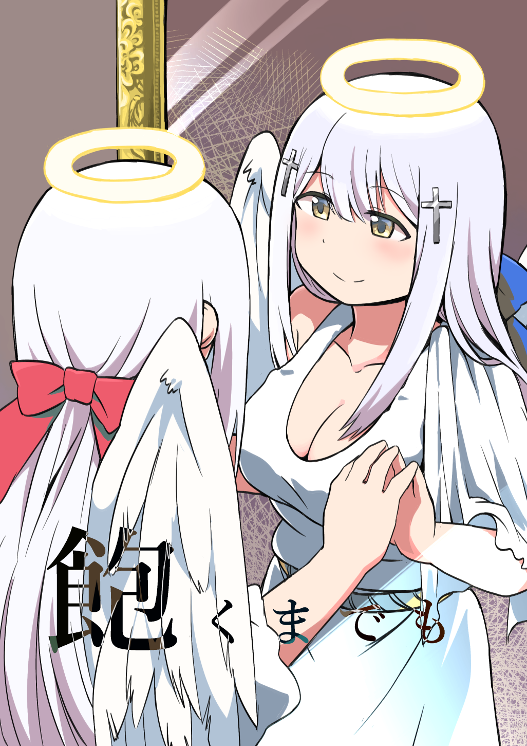 1girl angel angel_wings bangs blue_bow blunt_bangs bow breasts cleavage commentary_request cover cover_page cross_hair_ornament different_reflection doujin_cover gabriel_dropout hair_bow hair_ornament halo highres long_hair mirror red_bow reflection sekaihebi shiraha_raphiel_ainsworth simple_background smile translation_request tunic white_hair wings yellow_eyes