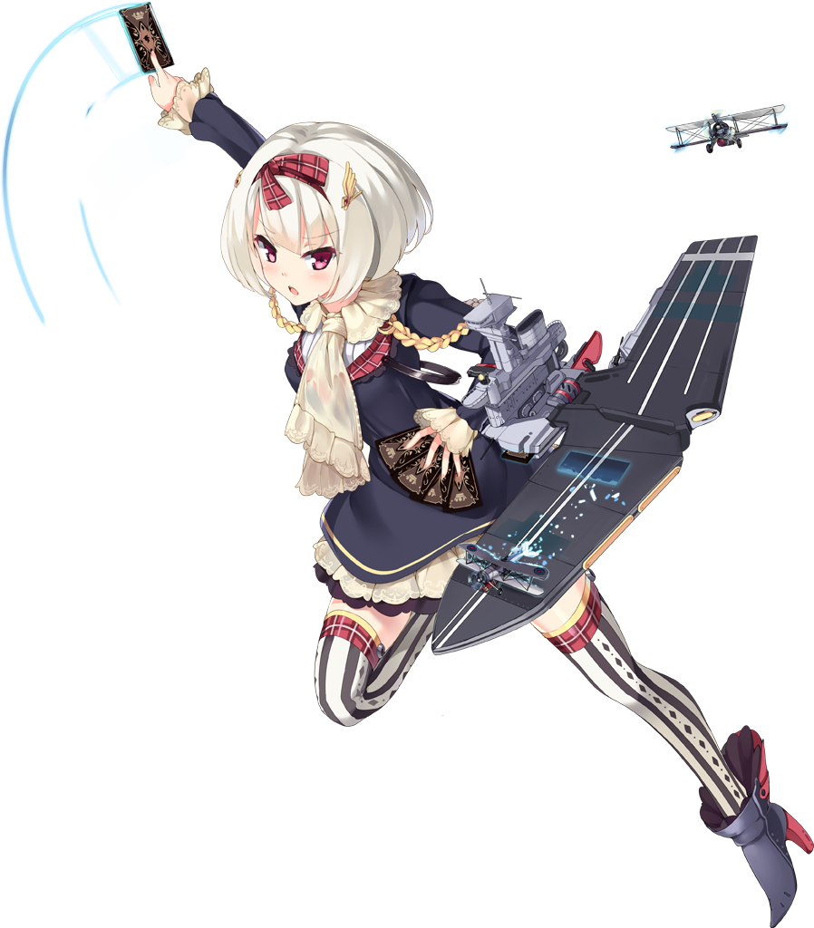 1girl aiguillette aircraft airplane ankle_boots azur_lane blush boots card diamond_(shape) eyebrows eyebrows_visible_through_hair flight_deck full_body grey_footwear hair_ornament hairband hermes_(azur_lane) high_heels kaede_(003591163) leg_up long_sleeves official_art pink_eyes plaid red_hairband short_hair simple_background sleeves_past_wrists solo thigh-highs transparent_background white_hair