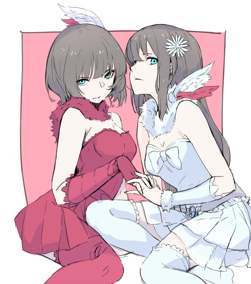 2girls blue_eyes brown_hair detached_sleeves dress fingerless_gloves gloves hand_holding melanie_malachite miltiades_malachite multiple_girls red_dress rwby siblings takenisketch twins white_dress