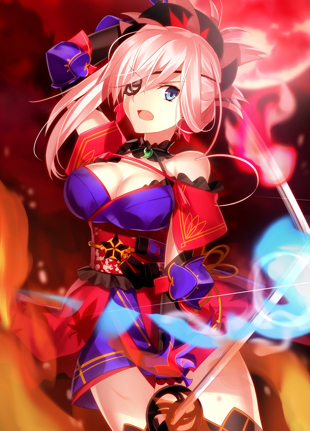 1girl asymmetrical_hair autumn_leaves black_legwear blue_eyes blue_kimono breasts cleavage detached_sleeves dual_wielding earrings eyepatch fate/grand_order fate_(series) hair_ornament highres holding holding_sword holding_weapon japanese_clothes jewelry katana kimono large_breasts leaf_print magatama maple_leaf_print minamina miyamoto_musashi_(fate/grand_order) obi open_mouth pink_hair ponytail purple_kimono sash sheath sheathed short_kimono sleeveless sleeveless_kimono solo sword thigh-highs unsheathed weapon wide_sleeves