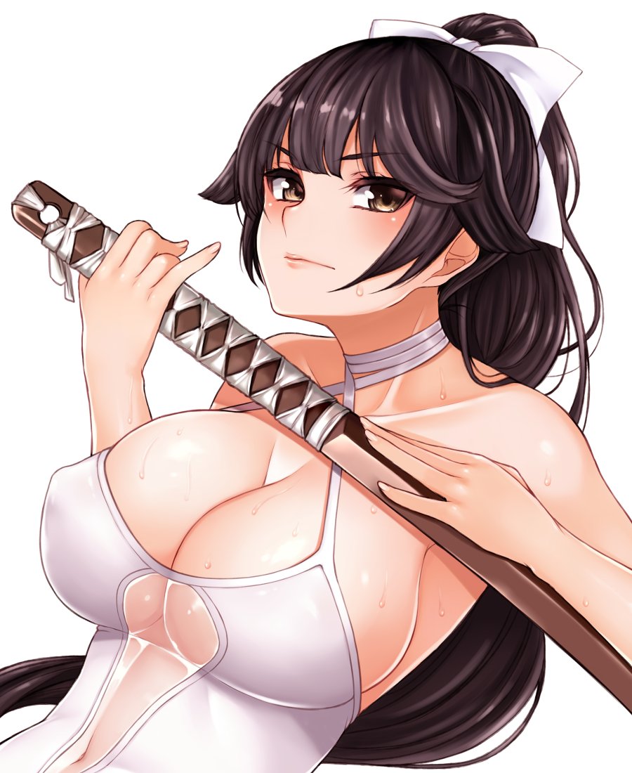 1girl azur_lane bangs bare_arms bare_shoulders blunt_bangs blush bow breasts brown_eyes cleavage closed_mouth cocq_taichou dutch_angle eyebrows_visible_through_hair hair_bow hair_flaps holding holding_sword holding_weapon katana large_breasts long_hair looking_at_viewer navel one-piece_swimsuit ponytail sheath solo sweat swimsuit sword takao_(azur_lane) upper_body v-shaped_eyebrows weapon white_background white_bow white_swimsuit