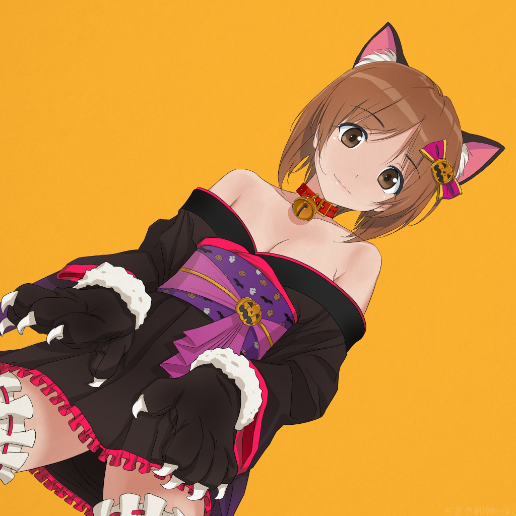 1girl alternate_costume animal_ears bare_shoulders bell bell_collar breasts brown_eyes brown_hair cat_ears chimaki_(u9works) cleavage collar dutch_angle eyebrows_visible_through_hair from_below girls_und_panzer gloves jack-o'-lantern japanese_clothes kimono kimono_pull long_hair medium_breasts nishizumi_miho obi off_shoulder orange_background paw_gloves paws sash short_hair smile solo wide_sleeves