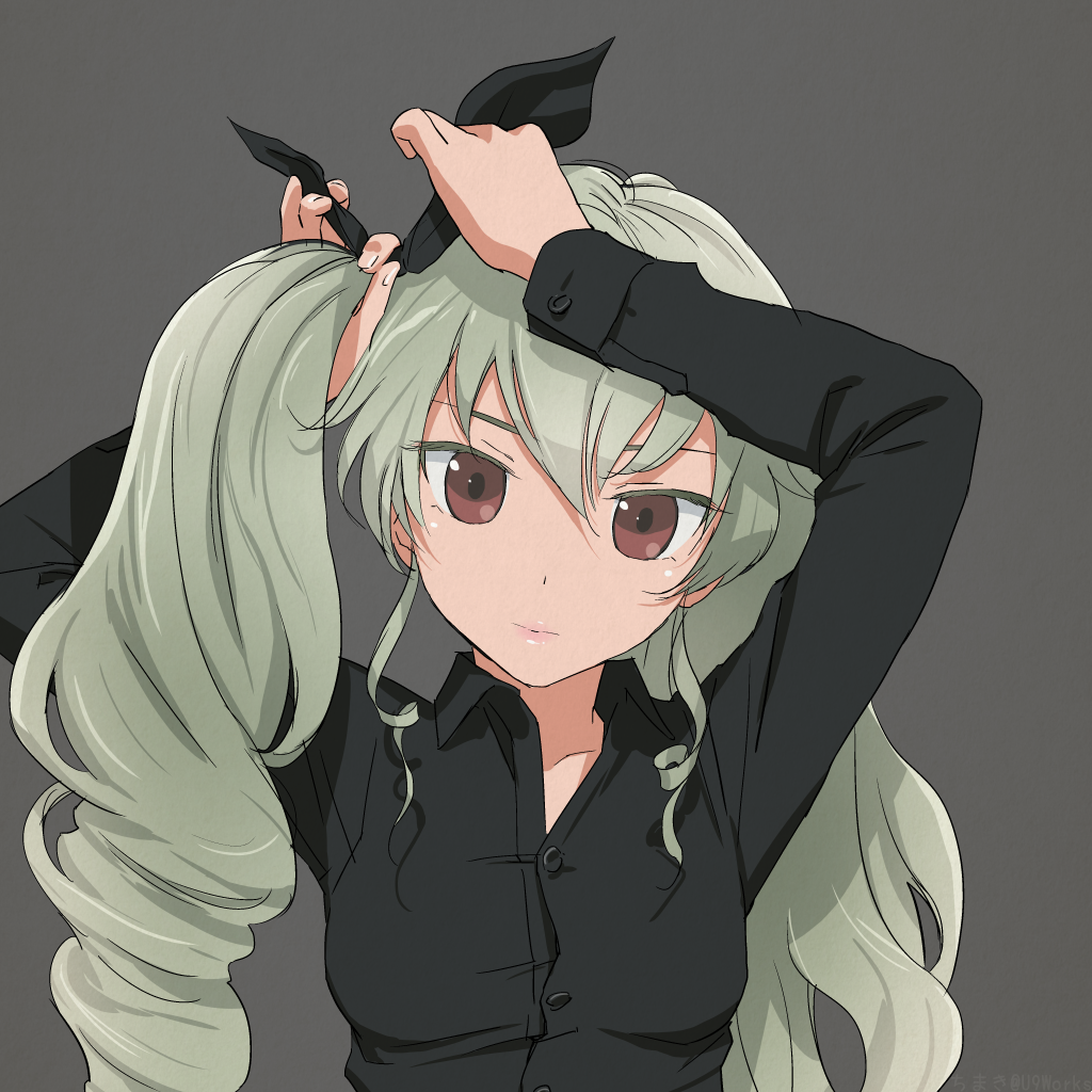 1girl anchovy black_ribbon black_shirt brown_eyes chimaki_(u9works) dress_shirt drill_hair girls_und_panzer green_hair grey_background hair_ribbon hairdressing long_hair ribbon shirt sketch solo upper_body