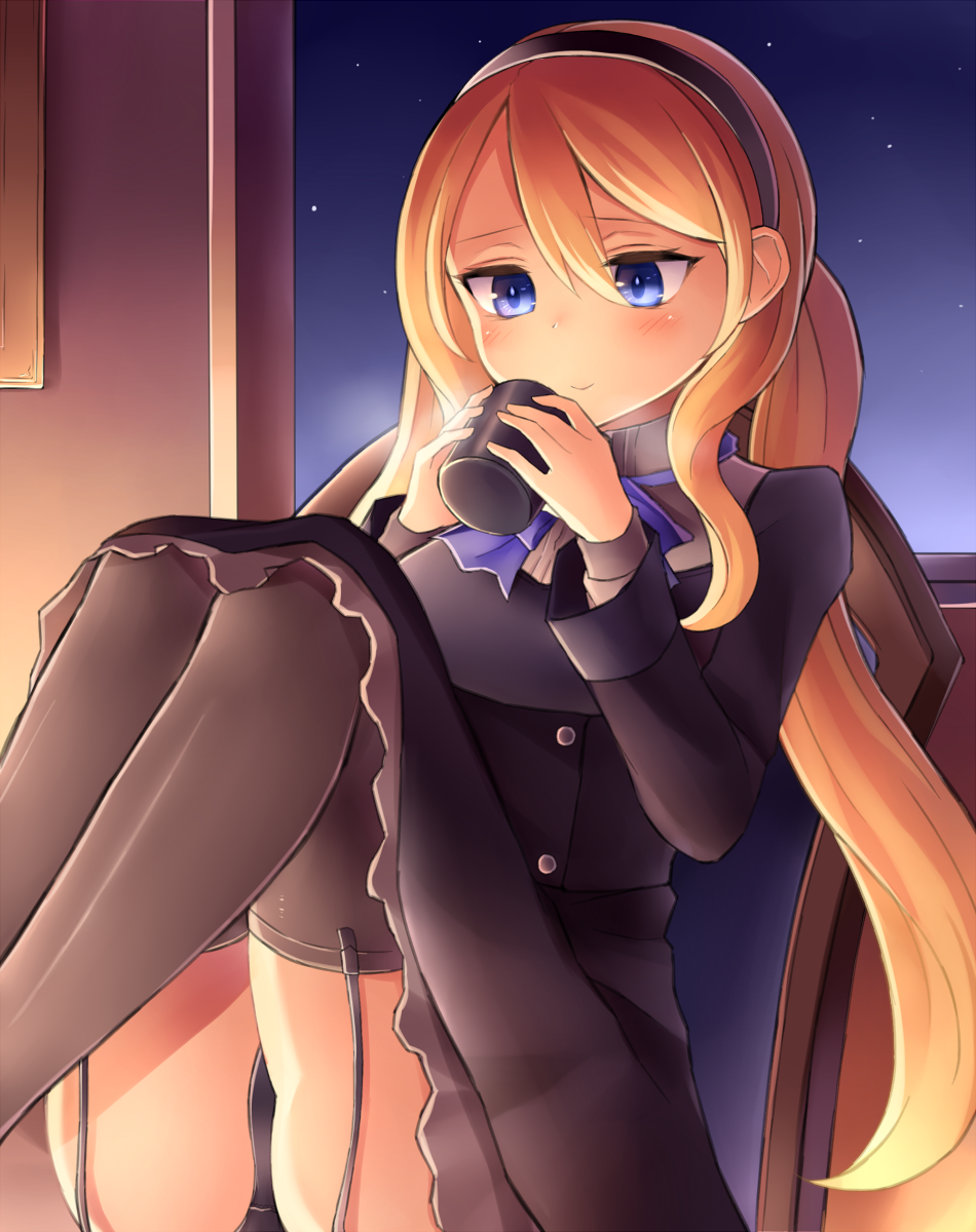 1girl black_panties blonde_hair blue_eyes chair commentary_request cup elina_lavrentieva garter_straps hair_between_eyes hairband highres jacket knees_up long_hair long_sleeves low_twintails mug neck_ribbon neit_ni_sei night original panties pantyshot pantyshot_(sitting) ribbon shadow sitting skirt smile solo star_(sky) thigh-highs twintails underwear window