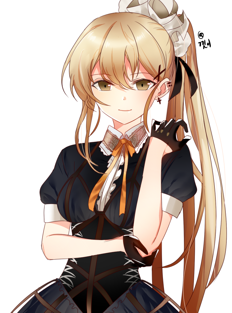 1girl aiguillette bangs black_bow black_dress black_gloves black_ribbon blush bow closed_mouth corset cowboy_shot dress earrings eyebrows_visible_through_hair frills garters girls_frontline gloves hair_between_eyes hair_ornament hairclip hand_up holding_elbow hoop_skirt iron_cross jewelry kkis-i light_brown_eyes light_brown_hair long_hair looking_at_viewer maid_headdress orange_bow orange_ribbon ponytail ppk_(girls_frontline) puffy_short_sleeves puffy_sleeves ribbon shoes short_sleeves signature single_thighhigh smile solo standing thigh-highs white_bow white_ribbon x_hair_ornament