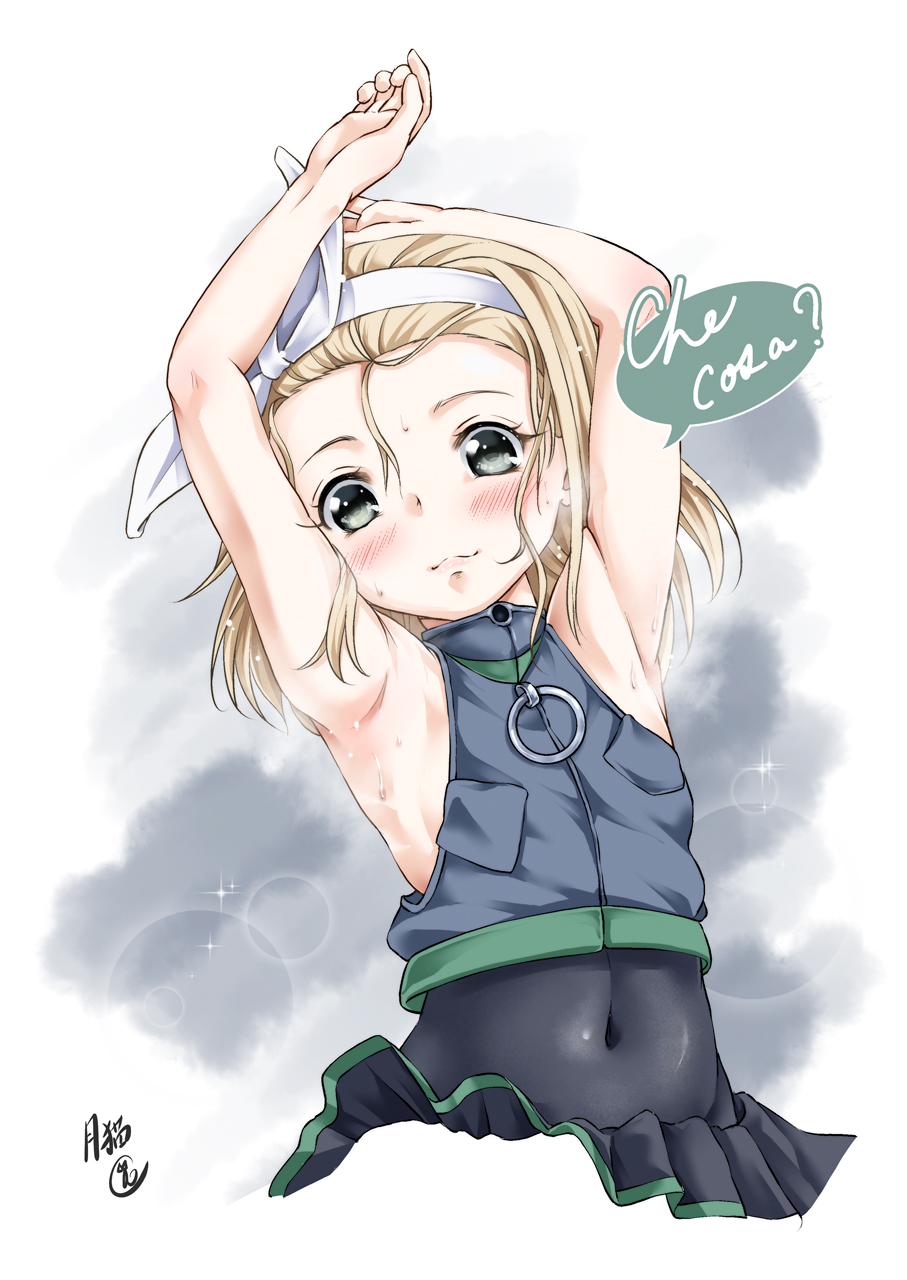 1girl arms_up blonde_hair covered_navel cowboy_shot green_eyes hairband highres italian kantai_collection looking_at_viewer luigi_torelli_(kantai_collection) short_hair skirt solo tsukineko wetsuit white_hairband