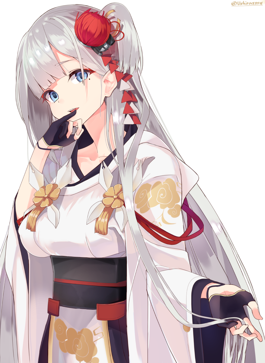 1girl azur_lane blue_eyes eyebrows_visible_through_hair eyeshadow flower gloves hair_flower hair_ornament highres japanese_clothes kimono long_hair long_sleeves looking_at_viewer makeup mole mole_under_eye one_side_up open_mouth partly_fingerless_gloves pinky_to_mouth shirousa shoukaku_(azur_lane) silver_hair solo twitter_username wide_sleeves