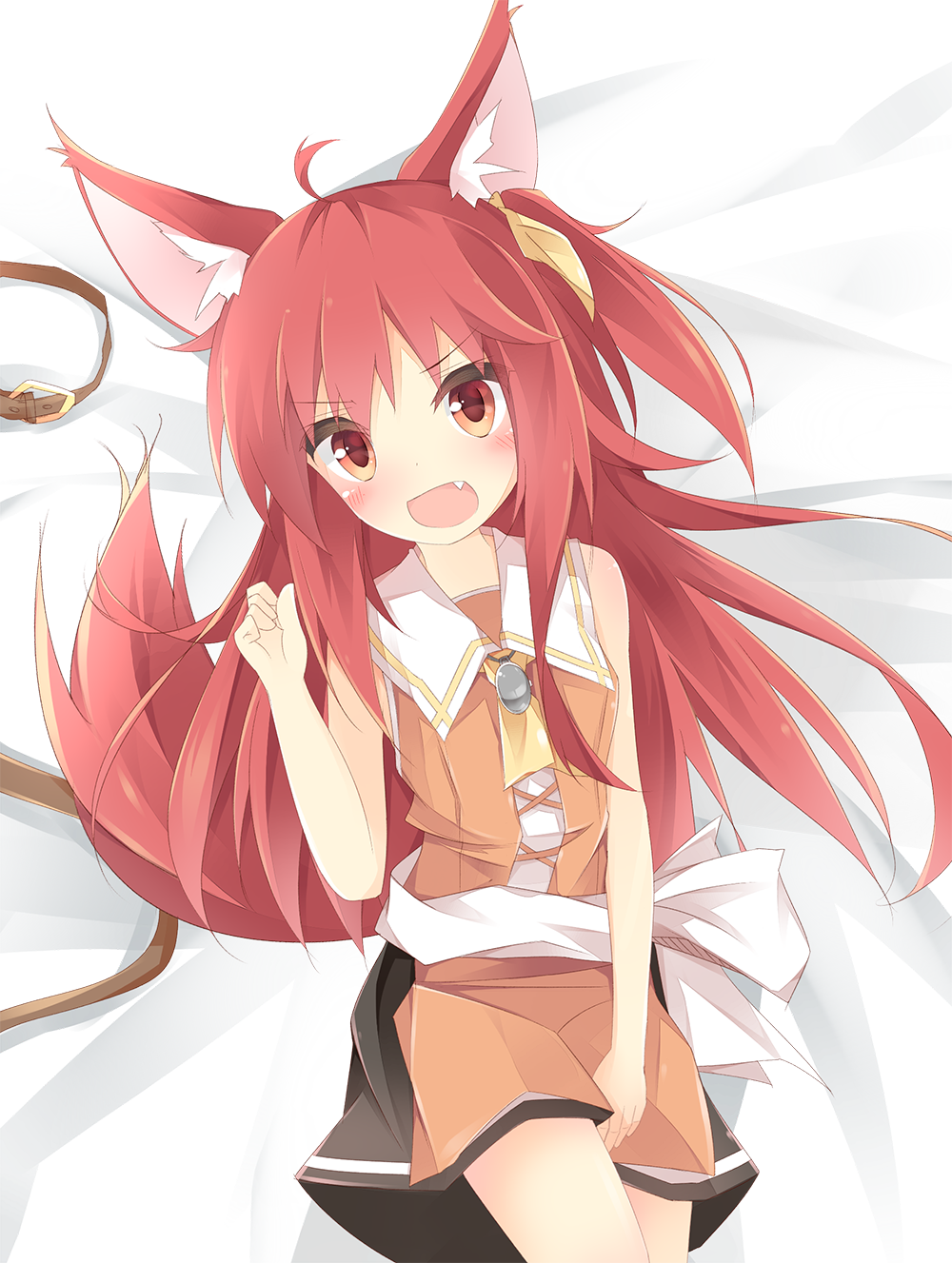 1girl :d ahoge animal_ears ascot bangs bare_arms bed_sheet belt_buckle belt_removed black_skirt blush bow brown_belt brown_dress buckle commentary_request dress eyebrows_visible_through_hair fang fox_ears fox_girl fox_tail hair_ribbon hand_up highres kushida_you long_hair lying on_back one_side_up open_mouth original red_eyes redhead ribbon sailor_dress skirt sleeveless sleeveless_dress smile solo tail v-shaped_eyebrows very_long_hair white_bow yellow_neckwear yellow_ribbon