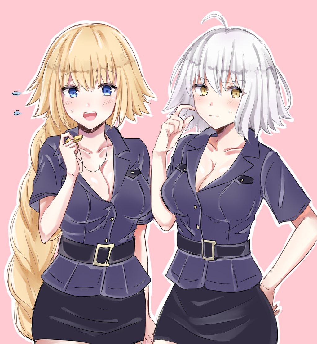 2girls absurdly_long_hair ahoge blonde_hair blue_eyes blush braid breasts cleavage closed_mouth collarbone eyebrows_visible_through_hair fate/grand_order fate_(series) flying_sweatdrops hand_on_hip holding_whistle jeanne_d'arc_(alter)_(fate) jeanne_d'arc_(fate) jeanne_d'arc_(fate)_(all) large_breasts long_hair looking_at_viewer multiple_girls open_mouth police police_uniform policewoman rossa_(pixiv27548922) short_hair smile sweatdrop uniform very_long_hair whistle white_hair yellow_eyes