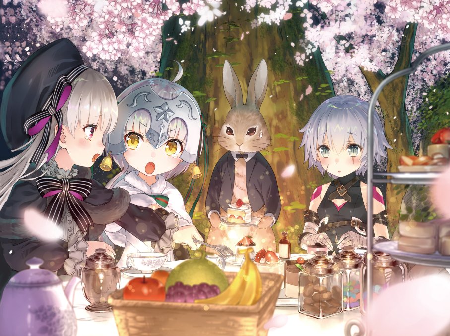 3girls :o ahoge animal apple arm_belt assassin_of_black banana bandage bandaged_arm bangs basket bell black_bodysuit black_bow black_capelet black_dress black_hat black_jacket black_ribbon blue_eyes blurry blurry_foreground blush bodysuit bottle bow brown_belt cake cantaloupe capelet cherry_blossoms clothed_animal commentary_request cup depth_of_field dress eyebrows_visible_through_hair fate/apocrypha fate/extra fate_(series) food fork fruit fur-trimmed_capelet grapes hair_between_eyes hat headpiece holding holding_fork holding_plate jacket jeanne_d'arc_(fate)_(all) jeanne_d'arc_alter_santa_lily long_hair long_sleeves looking_at_another multiple_girls nursery_rhyme_(fate/extra) open_mouth outdoors outstretched_arm parted_lips petals plate puffy_long_sleeves puffy_sleeves rabbit red_apple ribbon saucer scar scar_across_eye scar_on_cheek short_hair shoulder_tattoo silver_hair sleeveless slice_of_cake slit_pupils strawberry_shortcake striped striped_bow striped_ribbon sweat table tattoo teacup teapot tears tree v-shaped_eyebrows violet_eyes white_capelet white_dress yasuyuki yellow_eyes