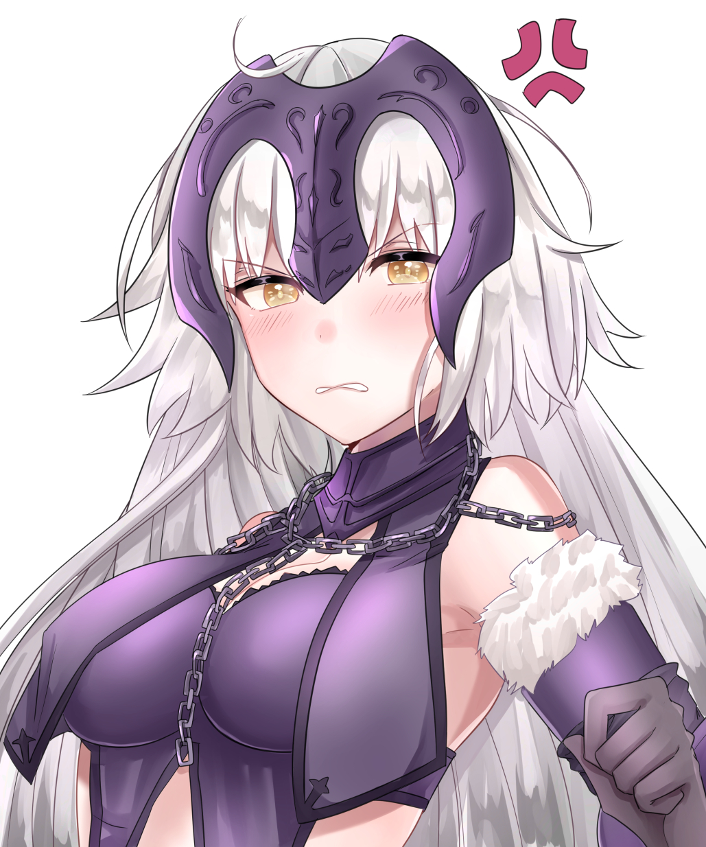 1girl ahoge blush breasts brown_eyes cleavage fate/grand_order fate_(series) headpiece highres jeanne_d'arc_(alter)_(fate) jeanne_d'arc_(fate)_(all) large_breasts long_hair looking_at_viewer parted_lips rossa_(pixiv27548922) solo upper_body white_hair