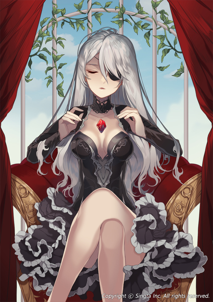 1girl black_legwear black_skirt breasts chair cleavage closed_eyes curtains eyepatch grey_hair halloween inside kneehighs laurelfalcon legs_crossed long_hair official_art sid_story sitting skirt very_long_hair watermark window