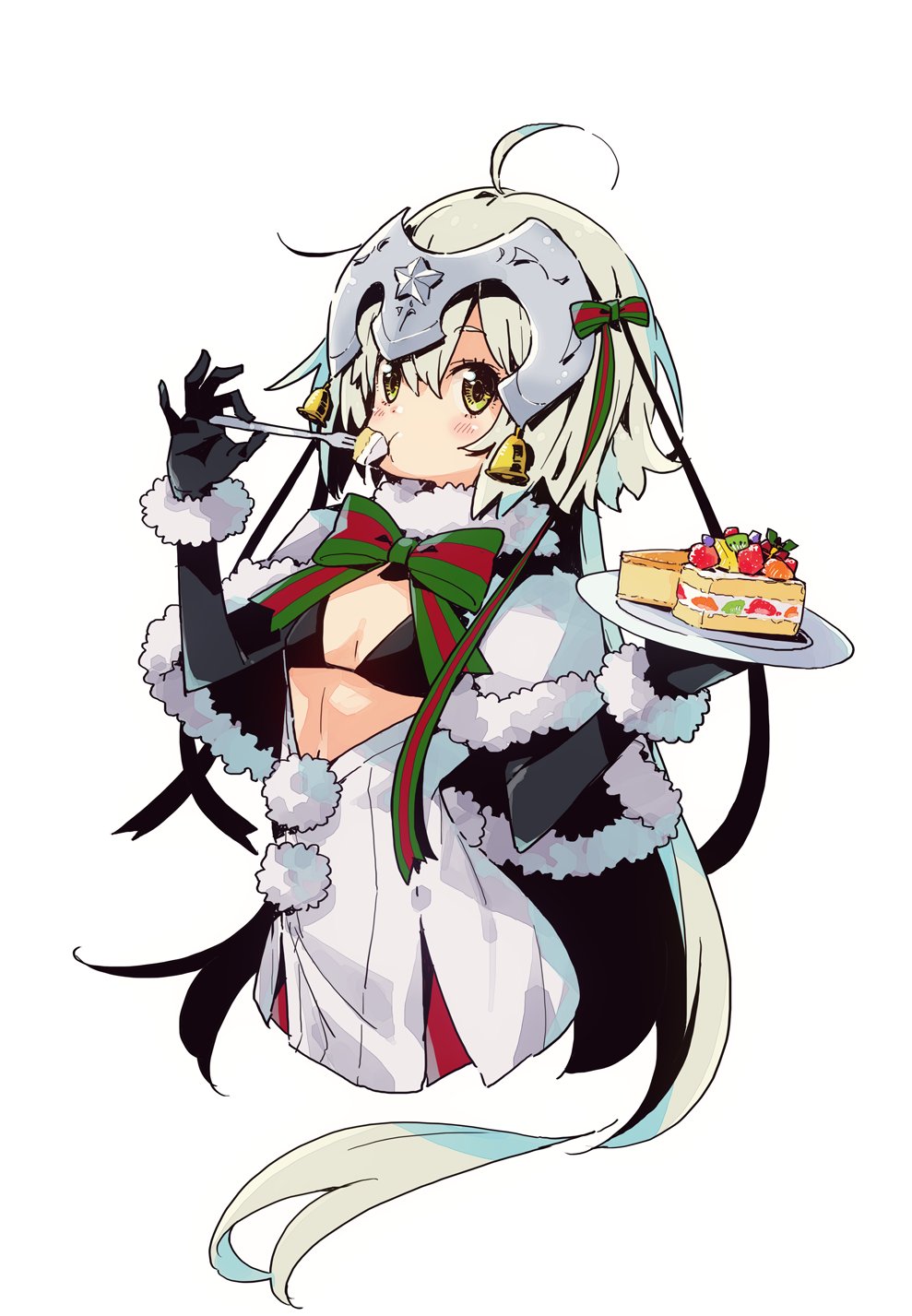 1girl ahoge bangs bell bikini_top black_bikini_top black_gloves blush bow breasts cake capelet commentary_request dress eating elbow_gloves eyebrows_visible_through_hair fate/grand_order fate_(series) food fork fur-trimmed_capelet fur_collar gloves hair_between_eyes hair_bow hair_ribbon headpiece highres holding holding_fork holding_plate imigimuru jeanne_d'arc_(fate)_(all) jeanne_d'arc_alter_santa_lily long_hair looking_at_viewer plate ribbon short_dress silver_hair simple_background slice_of_cake small_breasts solo striped striped_bow striped_ribbon very_long_hair white_background white_capelet white_dress yellow_eyes