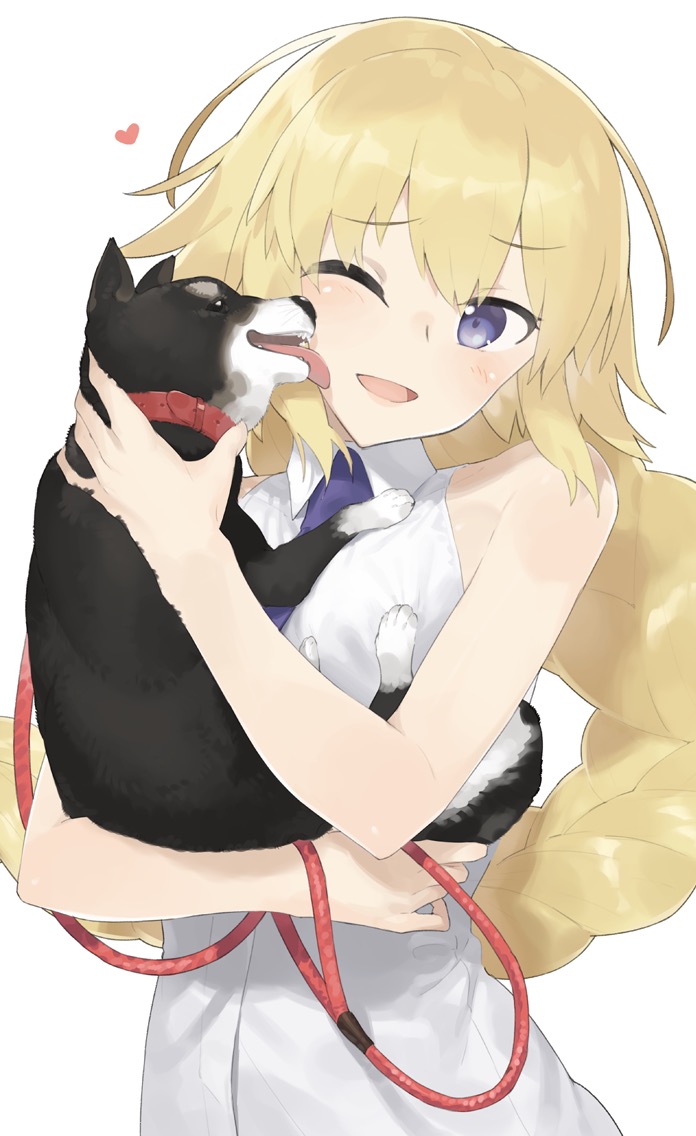 1girl blonde_hair blush collar dog dog_collar fate/apocrypha fate/grand_order fate_(series) hayashi_kewi holding jeanne_d'arc_(fate) jeanne_d'arc_(fate)_(all) leash licking long_hair necktie open_mouth shirt sleeveless sleeveless_shirt solo very_long_hair violet_eyes