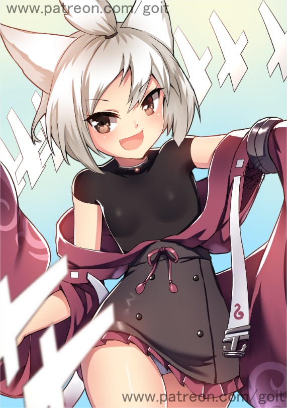 1girl :d azur_lane black_bodysuit bodysuit brown_eyes fang go-it japanese_clothes looking_at_viewer open_mouth panties pantyshot pantyshot_(standing) shikigami short_hair shouhou_(azur_lane) silver_hair simple_background smile solo standing underwear watermark web_address white_panties