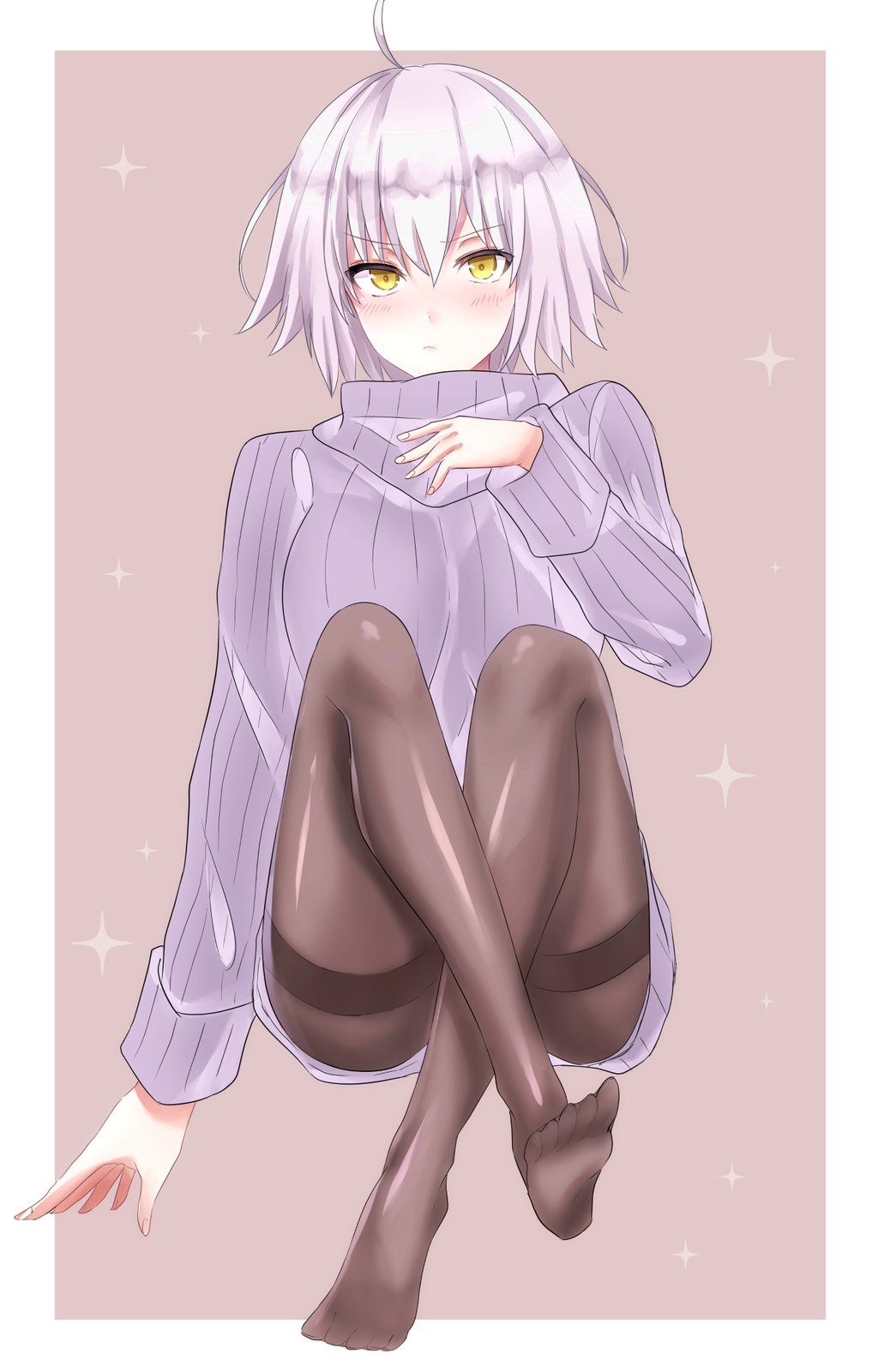 1girl black_legwear blush breasts closed_mouth eyebrows_visible_through_hair fate/grand_order fate_(series) full_body highres jeanne_d'arc_(alter)_(fate) jeanne_d'arc_(fate)_(all) large_breasts long_sleeves looking_at_viewer pantyhose purple_sweater ribbed_sweater rossa_(pixiv27548922) short_hair solo sweater white_hair yellow_eyes