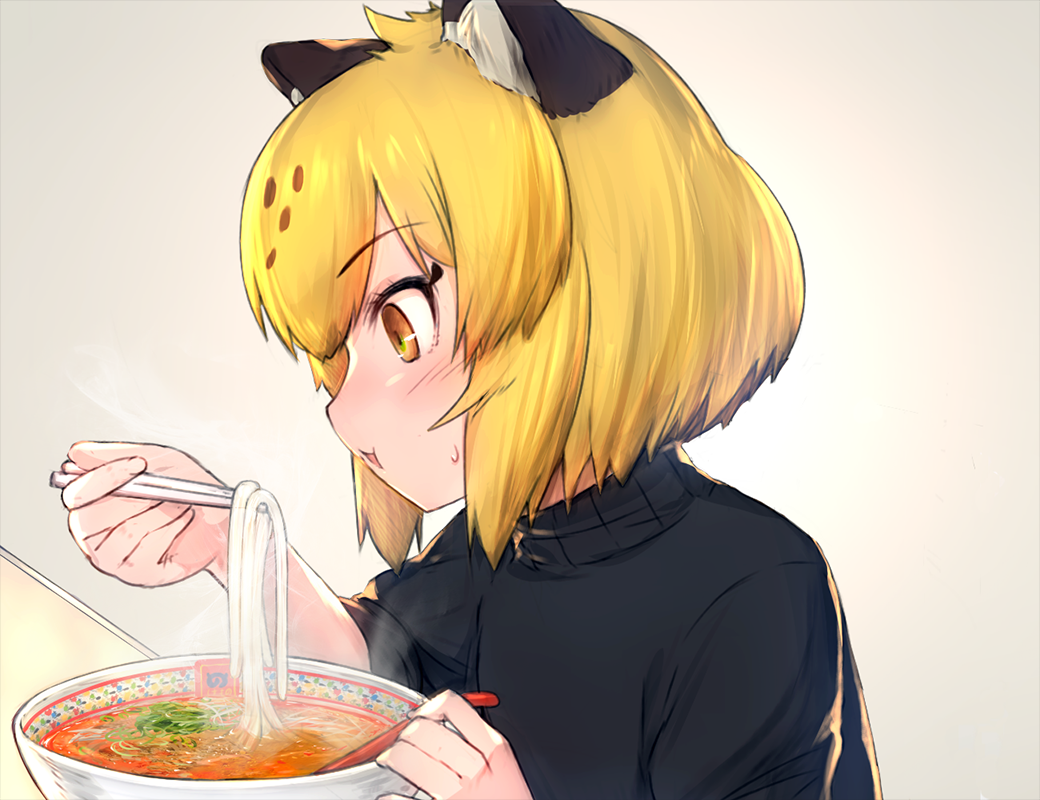 1girl blonde_hair blush bowl brown_eyes chopsticks eating eyebrows_visible_through_hair food holding holding_bowl holding_chopsticks iwahana jaguar_(kemono_friends) jaguar_ears kemono_friends looking_away noodles parted_lips short_hair sleeves_pushed_up smile solo soup sweater turtleneck turtleneck_sweater upper_body