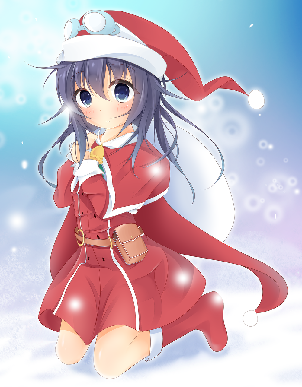 1girl akatsuki_(kantai_collection) bangs bell belt_pouch blue_eyes blush boots brown_belt capelet christmas closed_mouth commentary_request dress eyebrows_visible_through_hair full_body goggles goggles_on_headwear hair_between_eyes hat head_tilt highres holding holding_bag kantai_collection kneehighs kushida_you long_hair long_sleeves looking_at_viewer purple_hair red_capelet red_dress red_footwear red_hat santa_boots santa_costume santa_hat smile snowing solo