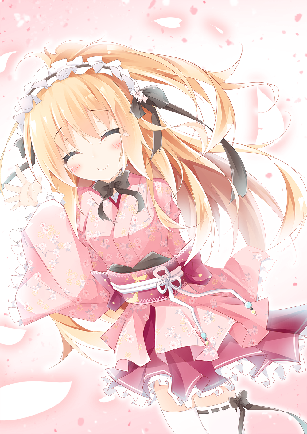 1girl ^_^ arm_up black_bow black_neckwear black_ribbon blonde_hair blush bow bowtie character_request closed_eyes closed_mouth commentary_request floral_print frilled_skirt frilled_sleeves frills gradient gradient_background hair_ribbon hairband hatsuyuki_sakura highres japanese_clothes kimono kushida_you lolita_hairband long_hair long_sleeves looking_at_viewer obi petals pink_background pink_kimono pink_skirt print_kimono ribbon ribbon-trimmed_legwear ribbon_trim sash short_kimono skirt smile solo tears thigh-highs very_long_hair waving white_background white_legwear wide_sleeves