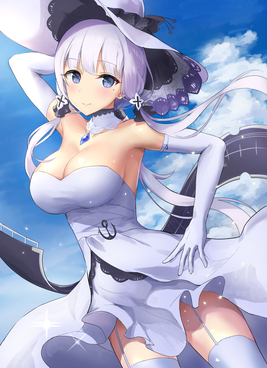 1girl anchor arm_up armpits azur_lane bangs bare_shoulders blue_dress blue_hair blue_sky blush breasts closed_mouth clouds cloudy_sky cowboy_shot day dress dutch_angle eyebrows_visible_through_hair figurehead_(artist) garter_straps gloves illustrious_(azur_lane) large_breasts lavender_hair long_hair looking_at_viewer low_twintails mole mole_under_eye outdoors sky smile solo thigh-highs twintails white_dress white_gloves white_legwear