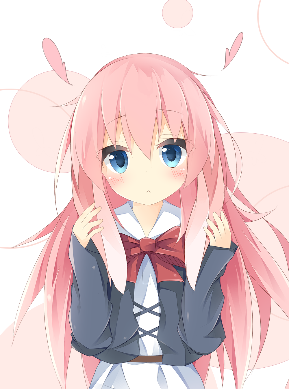 1girl :&lt; animal_ears bangs blue_eyes blue_jacket blush bow bowtie closed_mouth commentary_request dress ears_down eyebrows_visible_through_hair hair_between_eyes head_tilt heart highres jacket kushida_you long_hair long_sleeves looking_at_viewer original pink_hair rabbit_ears red_neckwear sleeves_past_wrists solo upper_body very_long_hair white_background white_dress