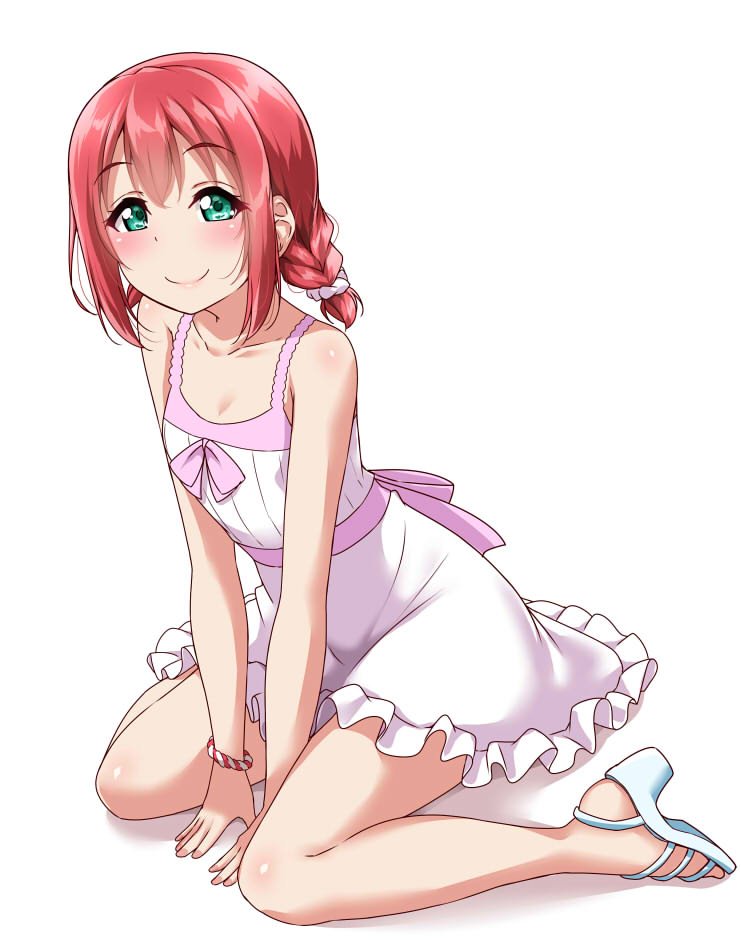 1girl alternate_hairstyle aqua_eyes bangs bare_legs between_legs blush braid commentary_request dress eyebrows_visible_through_hair frilled_dress frills hand_between_legs high_heels kurosawa_ruby leaning_forward looking_at_viewer love_live! redhead sandals sash scrunchie short_braid simple_background sitting smile solo sundress twin_braids wariza white_background wristband yopparai_oni