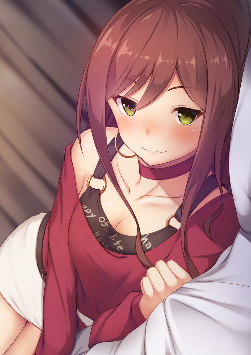 1girl :3 bang_dream! blush bra breasts brown_hair choker collarbone commentary_request green_eyes hair_between_eyes highres imai_lisa large_breasts long_hair long_sleeves looking_at_viewer lying momo_no_kanzume on_side pillow skirt smile solo underwear