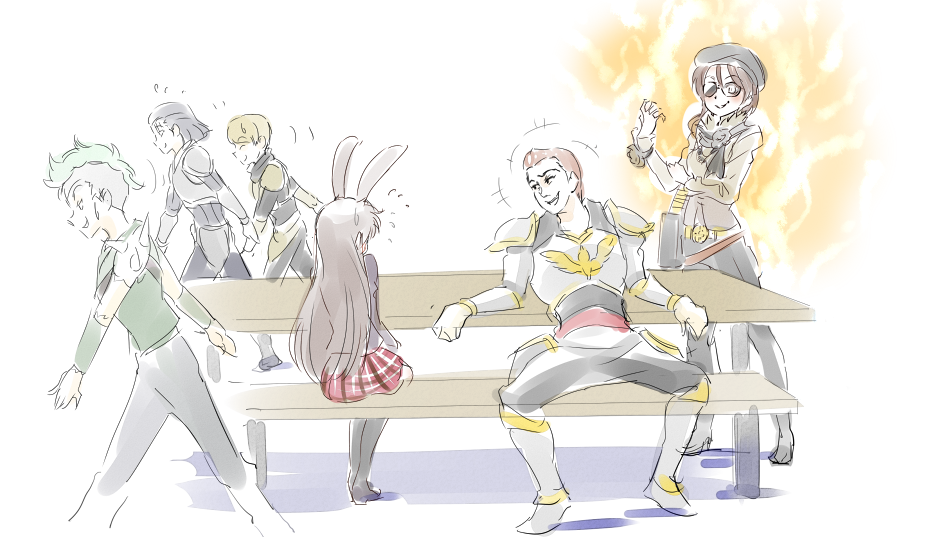 2girls 4boys animal_ears aura beret cafeteria cardin_winchester coco_adel commentary_request dove_bronzewing fleeing hat iesupa multiple_boys multiple_girls rabbit_ears russel_thrush rwby sky_lark sunglasses sweatdrop velvet_scarlatina