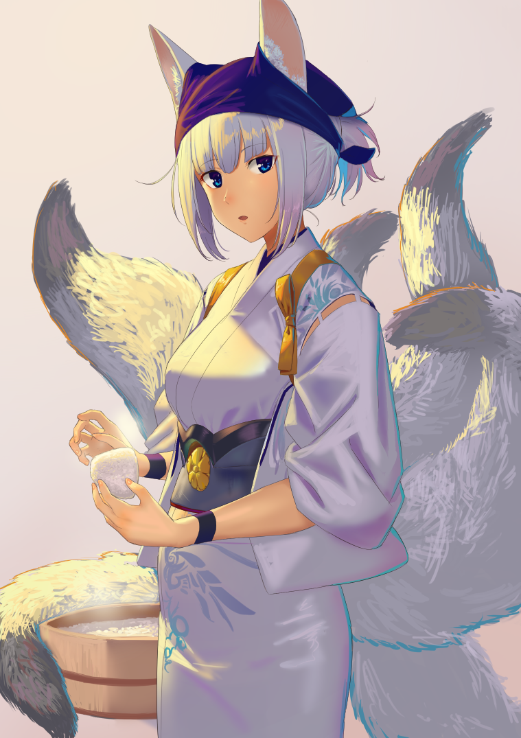 1girl :o alternate_costume alternate_hairstyle animal_ears azur_lane bandanna bangs blue_eyes blunt_bangs cooking eyebrows_visible_through_hair food fox_ears fox_tail japanese_clothes kaga_(azur_lane) kikumon kimono looking_at_viewer multiple_tails onigiri open_mouth poligon_(046) ponytail rice rice_bowl short_hair simple_background solo tail tasuki tied_sleeves white_hair white_kimono wristband