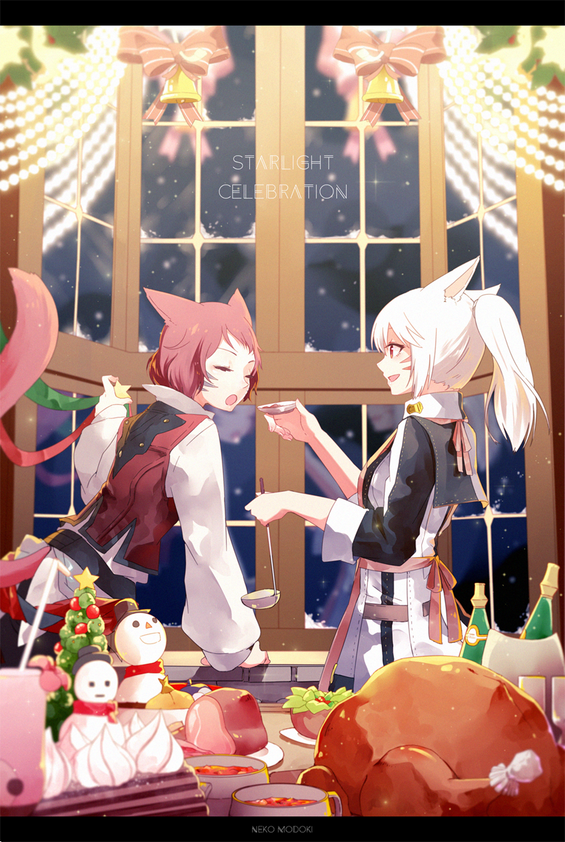 2girls animal_ears cat_ears cat_tail christmas closed_eyes cooking decorating decorations facial_mark final_fantasy final_fantasy_xiv food highres indoors ladle lili_mdoki miqo'te multiple_girls open_mouth ponytail red_eyes redhead short_hair tail turkey_(food) white_hair window