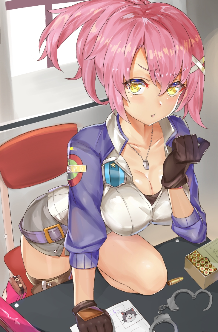 1girl ashu black_gloves blush breasts bullet chair cleavage collarbone cuffs eiyuu_densetsu gloves hair_ornament handcuffs jacket jewelry juna_crawford large_breasts leaning_forward looking_at_viewer necklace parted_lips pink_hair ponytail sen_no_kiseki sen_no_kiseki_3 solo v-shaped_eyebrows x_hair_ornament yellow_eyes
