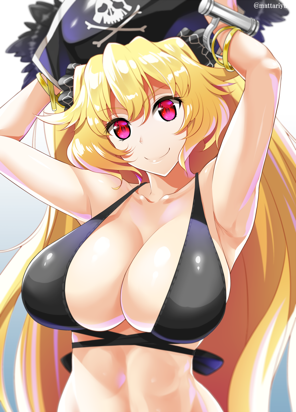 1girl anne_bonny_(fate/grand_order) anne_bonny_(swimsuit_archer)_(fate) black_bikini_top blonde_hair breasts fate/grand_order fate_(series) hat highres large_breasts long_hair looking_at_viewer mattari_yufi pirate_hat red_eyes simple_background smile solo swimsuit twintails white_background