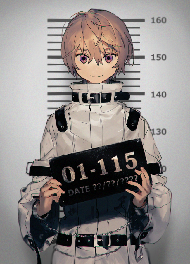 1boy belt blonde_hair closed_mouth height_chart hirota_tsuu holding holding_sign long_sleeves looking_at_viewer male_focus mugshot original sign smile solo straitjacket upper_body violet_eyes wide_sleeves