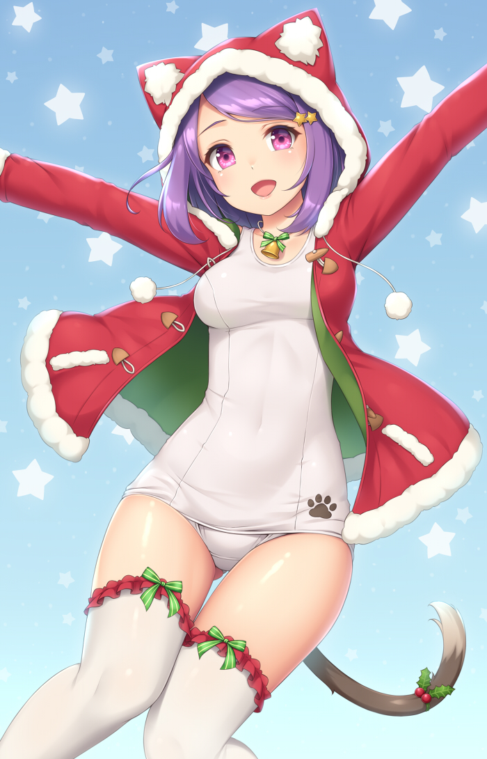1girl :d animal_hood bell blush cat_hood cat_tail christmas drawstring eyebrows_visible_through_hair gluteal_fold hair_ornament hood hooded_jacket jacket looking_at_viewer open_mouth original outstretched_arms paw_print pink_eyes pom_pom_(clothes) purple_hair sasaame school_swimsuit smile star star_hair_ornament starry_background swimsuit swimsuit_under_clothes tail tail_ornament thigh-highs white_legwear white_school_swimsuit white_swimsuit