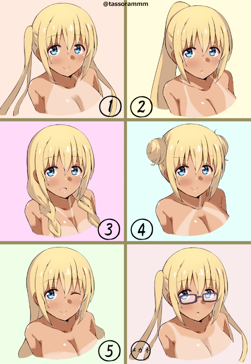 1girl :c ;) alternate_hairstyle bangs bespectacled blend_s blonde_hair blue_eyes blush braid breasts cleavage closed_mouth collarbone commentary_request double_bun eyebrows_visible_through_hair glasses hair_between_eyes high_ponytail hinata_kaho large_breasts long_hair looking_at_viewer low_twintails multiple_views nude one_eye_closed parted_lips ponytail profile purple-framed_eyewear sidelocks smile tan tanline tasora twin_braids twintails twitter_username v-shaped_eyebrows variations