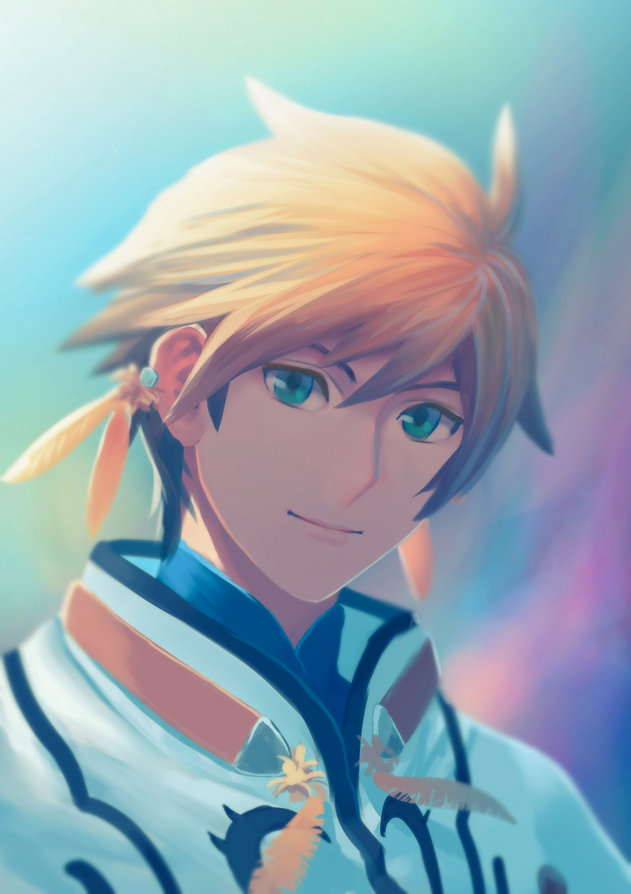 1boy bangs brown_hair closed_mouth fateline_alpha feathers green_eyes hair_between_eyes hair_feathers highres looking_at_viewer male_focus robe smile solo sorey_(tales) tales_of_(series) tales_of_zestiria upper_body