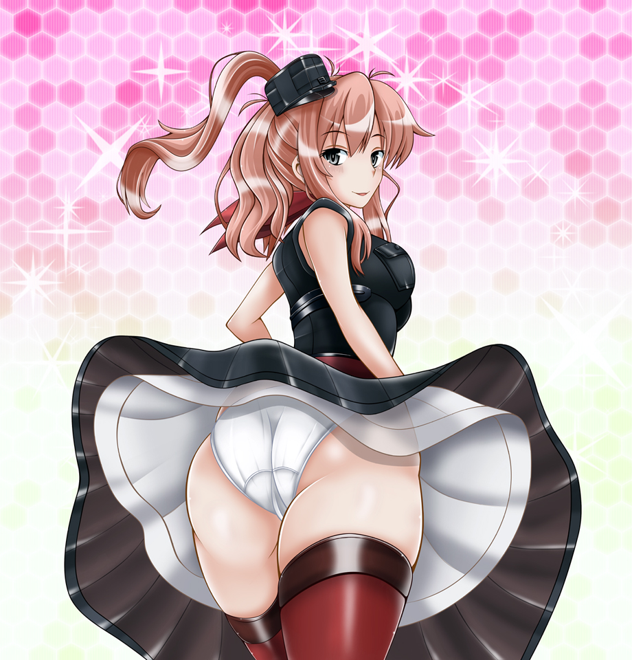 1girl ass black_dress brown_hair dress from_behind grey_eyes kantai_collection looking_at_viewer looking_back neckerchief panties pantyshot pink_background ponytail red_legwear red_neckwear saratoga_(kantai_collection) side_ponytail sidelocks smokestack solo sparkle thigh-highs tk_(butakuma) under_skirt underwear white_panties